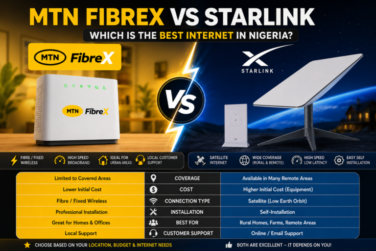 MTN FibreX vs Starlink: Which Internet Service Is Best in Nigeria? (2026 Guide) MTN FibreX vs Starlink: Which Internet Service Is Best in Nigeria? (2026 Guide)